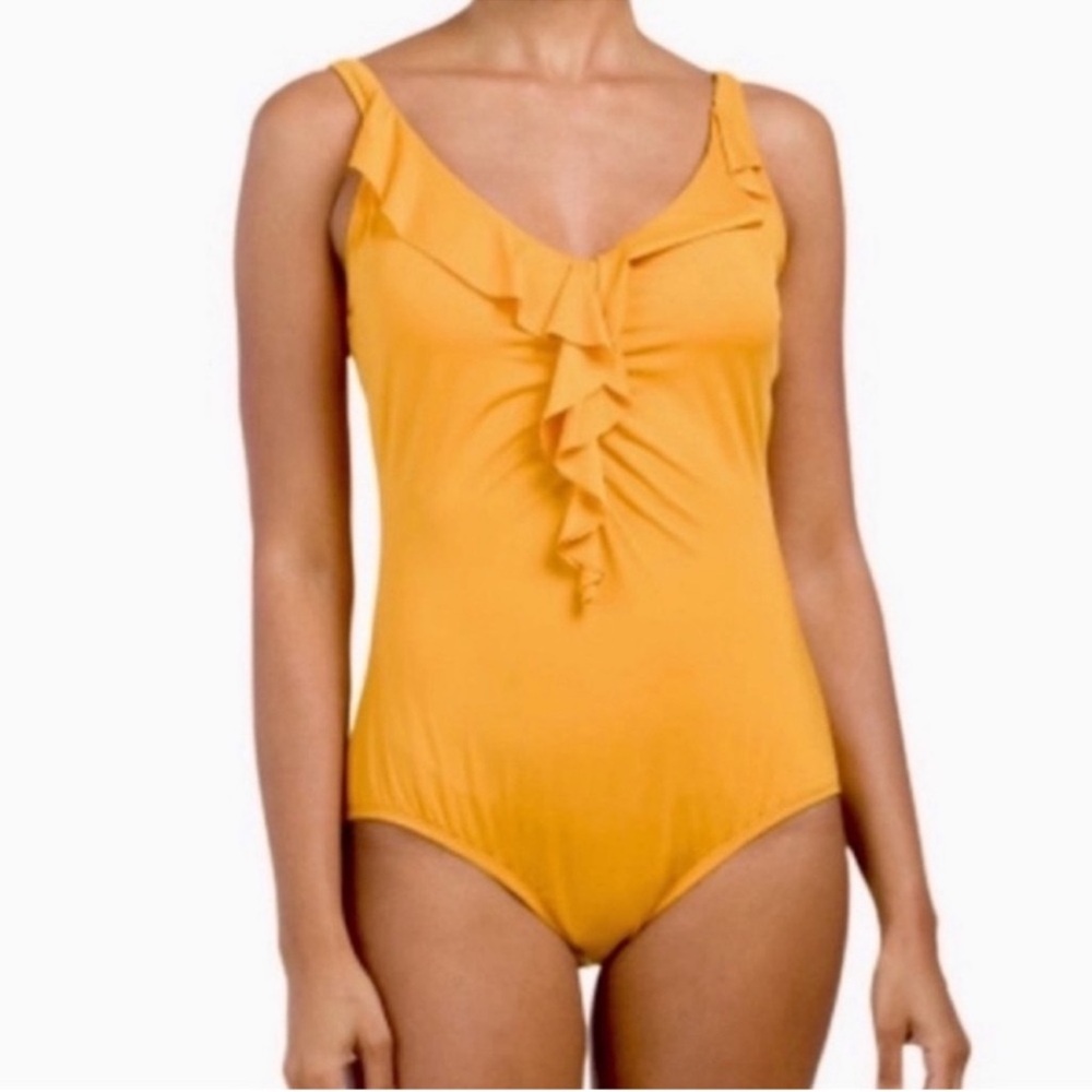 NEW Jantzen One Piece Cascading Ruffle Swimsuit V-neck Marigold Yellow Size 12